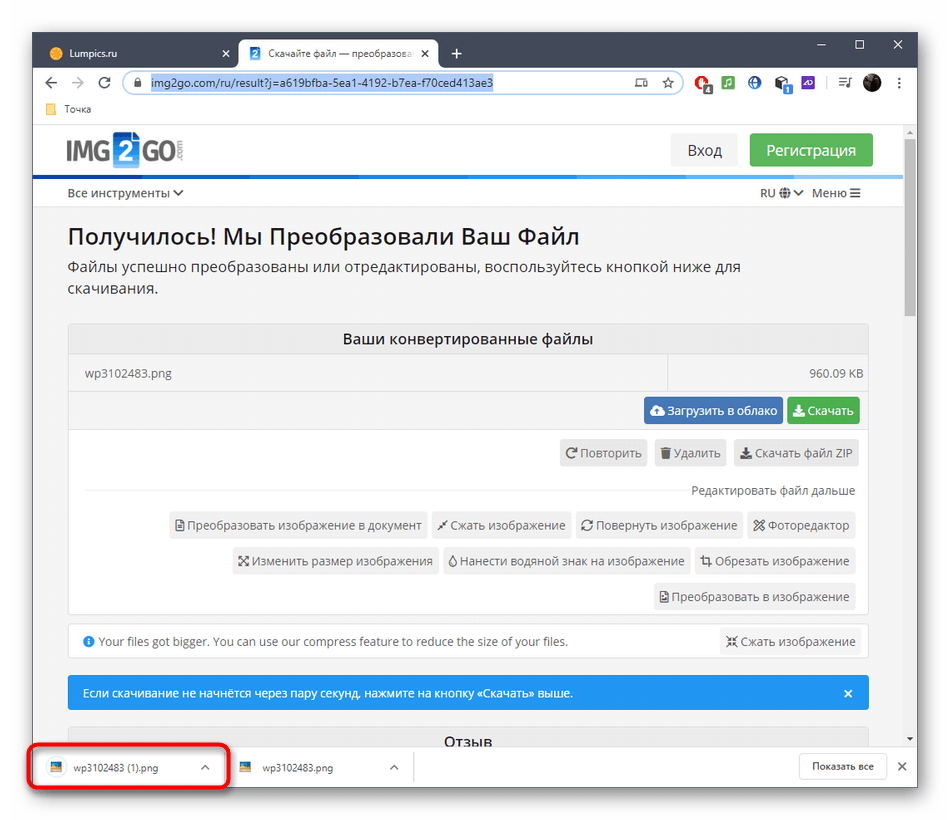 Успешное скачивание картинки после растягивания в онлайн-сервисе IMG2GO