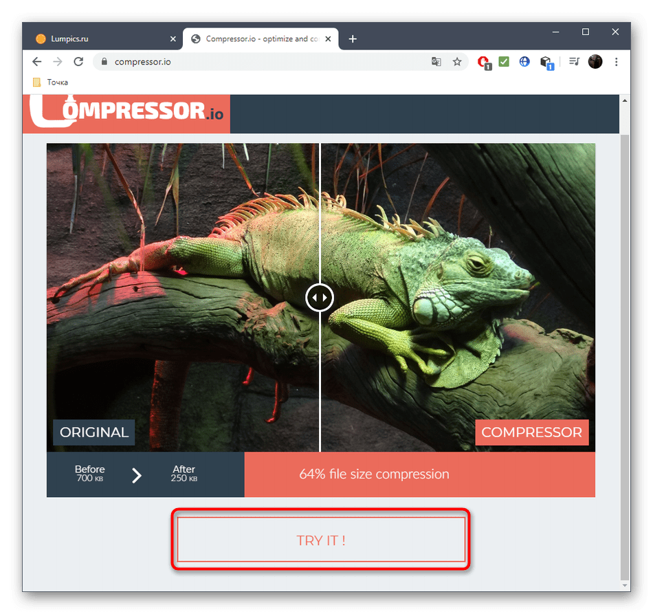 Переход к выбору фотографии для сжатия без потери качества в онлайн-сервисе Compressor.io