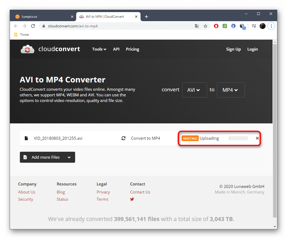 Процесс конвертирования AVI в MP4 через онлайн-сервис CloudConvert