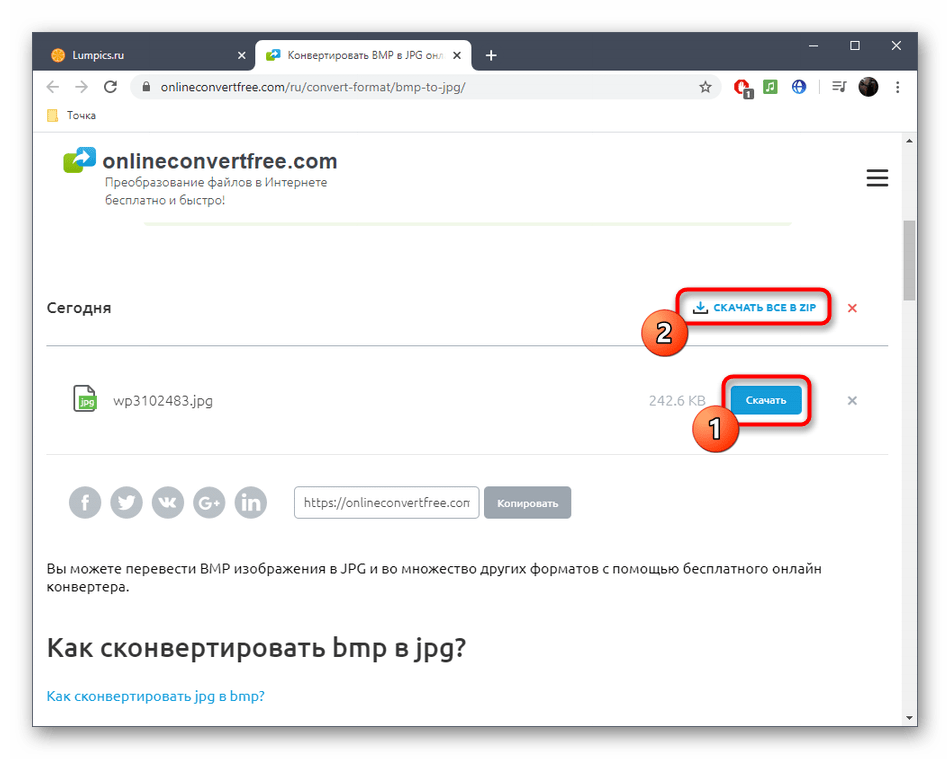 Скачивание готового файла после конвертирования BMP в JPG через онлайн-сервис OnlineConvertFree