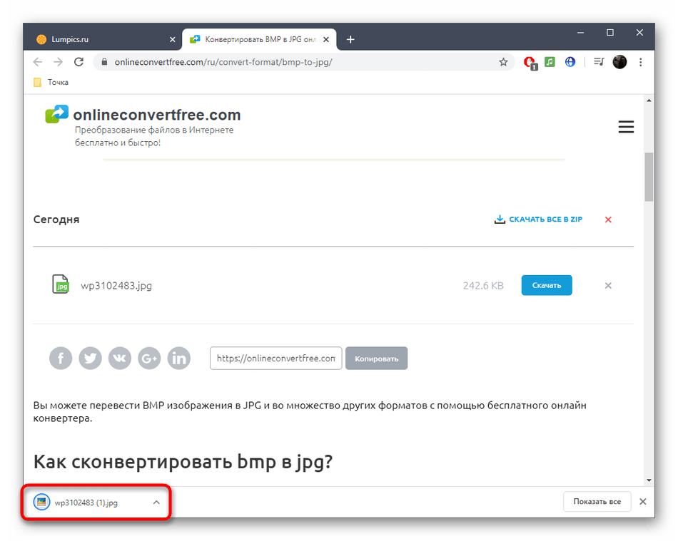 Успешное скачивание готового файла после конвертирования BMP в JPG через онлайн-сервис OnlineConvertFree