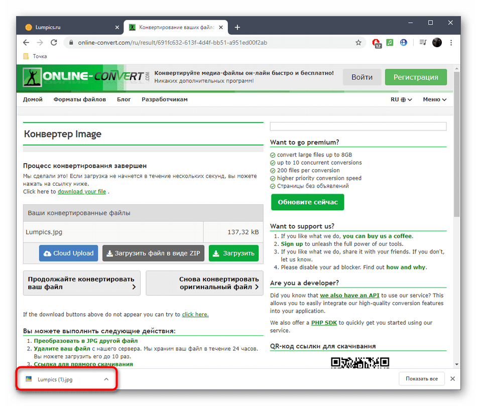Успешное скачивание файла после конвертирования DOC в JPG через онлайн-сервис Online-Convert