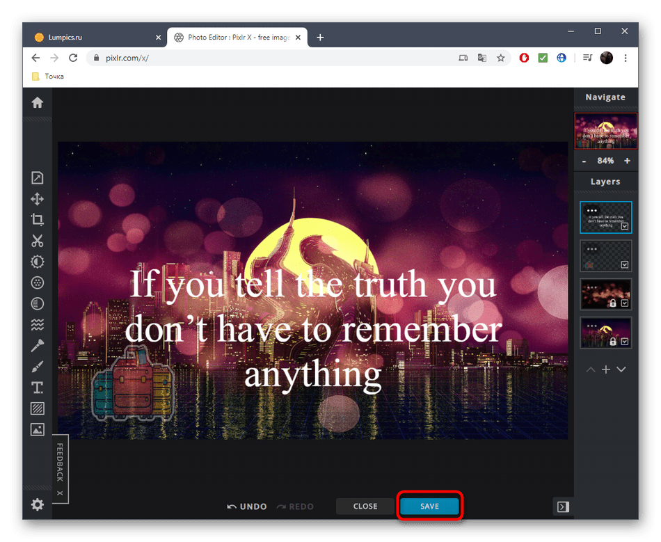 Переход к сохранению фотографии после улучшения в онлайн-сервисе PIXLR