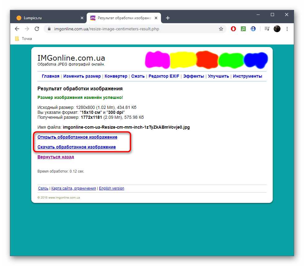 Успешная обработка изображения через онлайн-сервис IMGonline