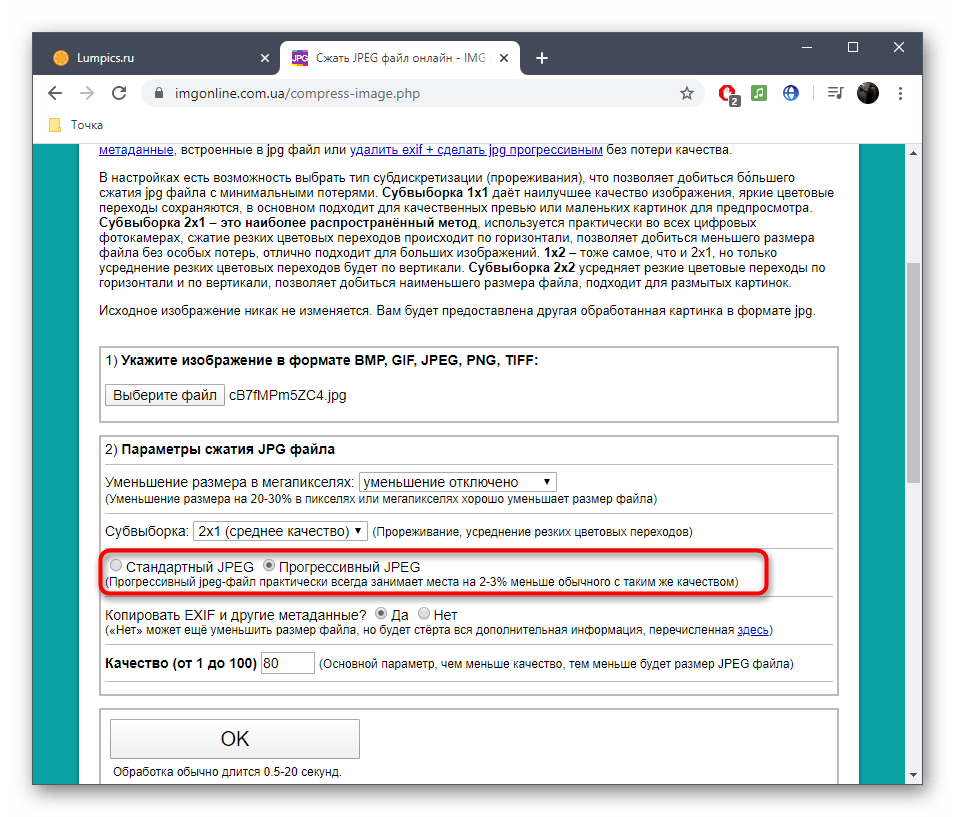 Выбор стандарта формата картинки в онлайн-сервисе IMGonline перед сжатием без потерь