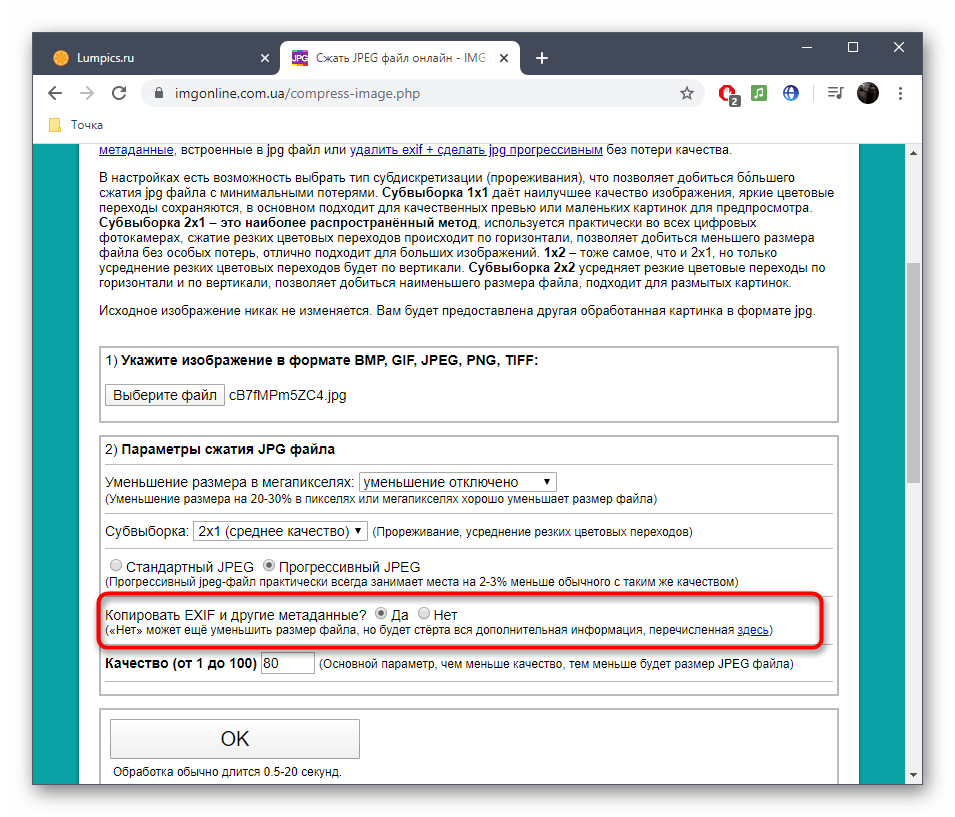Удаление метаданных картинки перед сжатием без потерь на онлайн-сервисе IMGonline
