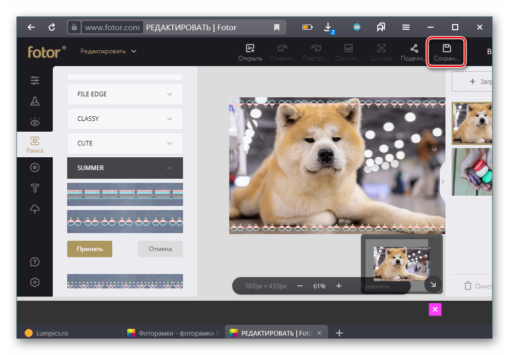 Кнопка сохранения фото после наложения рамки на сайте Fotor