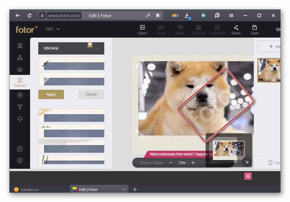 Водяной знак при наложении платной рамки на сайте Fotor