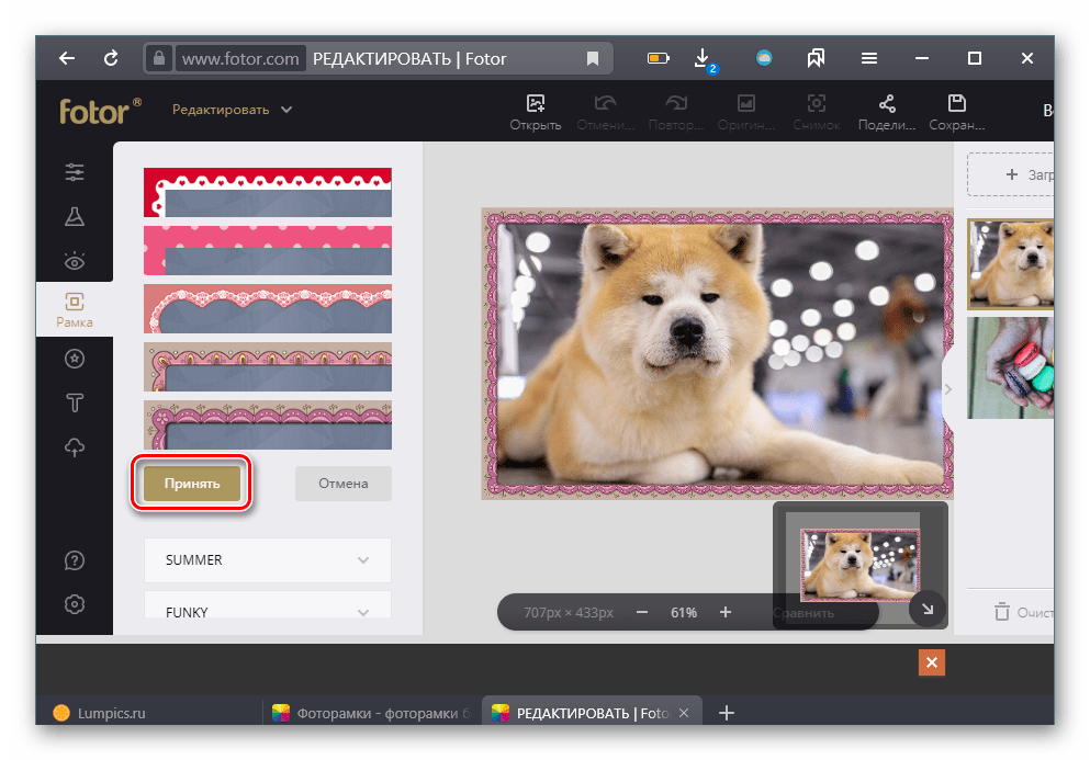 Выбор и наложение рамки на фото через сайт Fotor