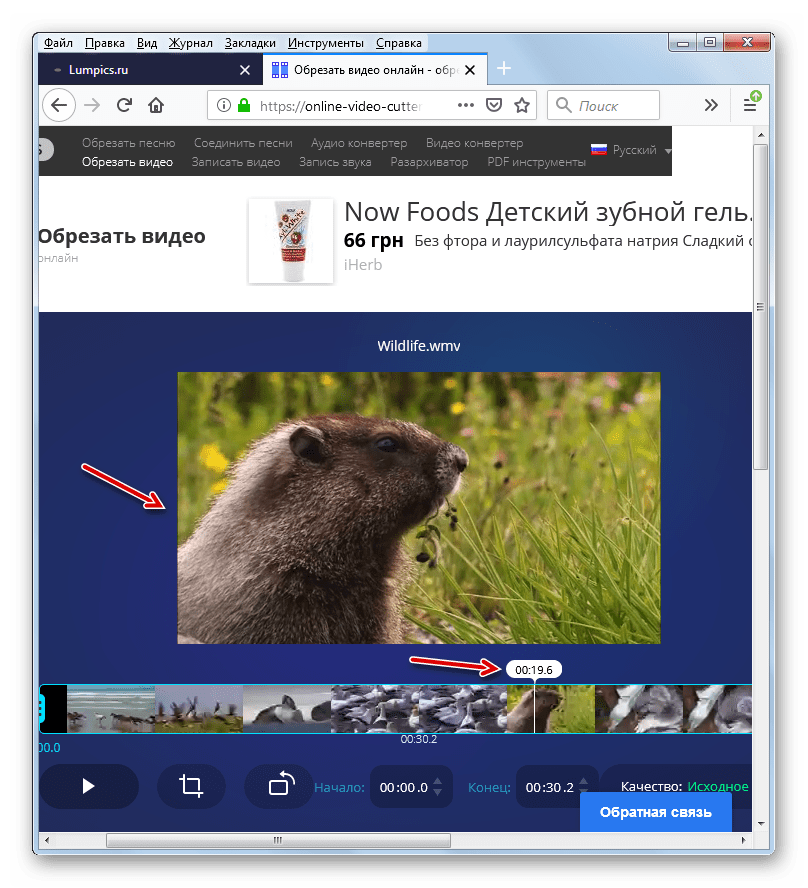 Выбор кадра по маркеру времени сервисе Online Video Cutter в веб-обозревателе Mozilla Firefox