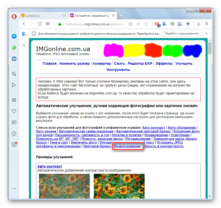 Переход на страницу шумопонижения фотографий на сервисе IMGonline в браузере Opera