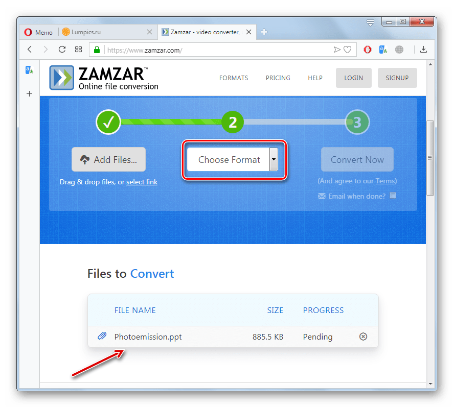 Переход к выбору направления преобразования на сайте Zamzar в браузере Opera