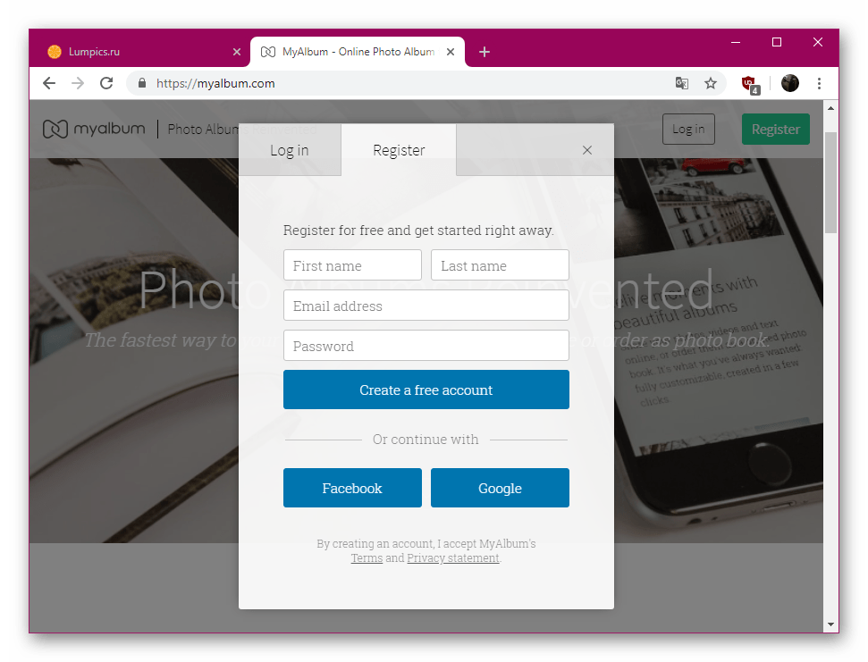 Регистрация на сайте MyAlbum для создания нового фотоальбома