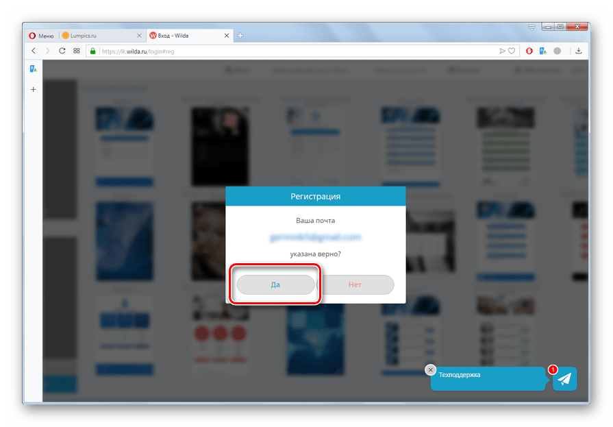 Подтверждение правильности введения почтового ящика на сайте Wilda в браузере Opera