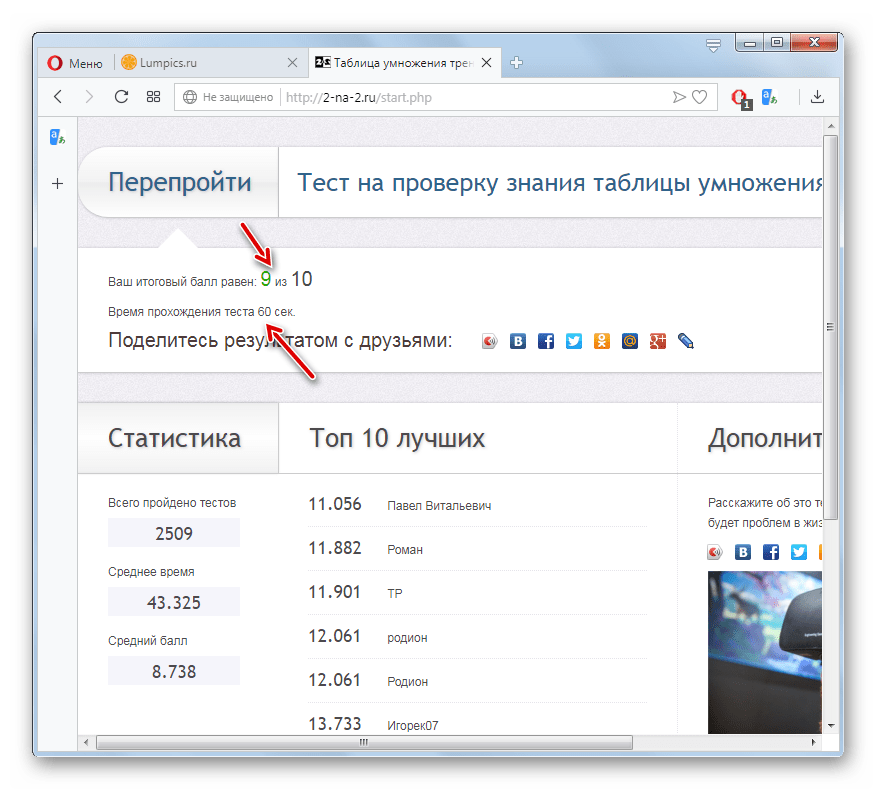 Результат прохождения теста на знание таблицы умножения на сайте 2-na-2