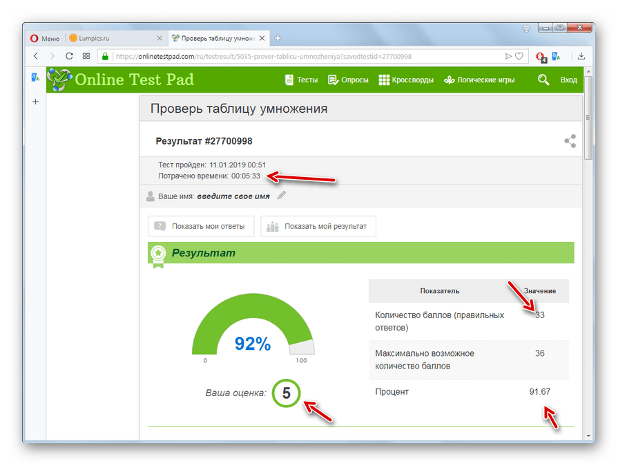 Результат прохождения теста на знание таблицы умножения на сайте Onlinetestpad