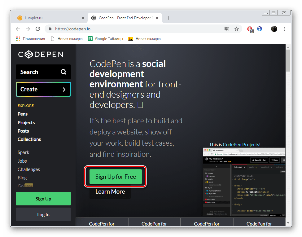 Перейти к регистрации на сайте CodePen