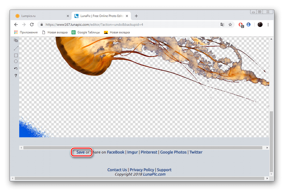 Сохранить изображение на сайте LunaPic