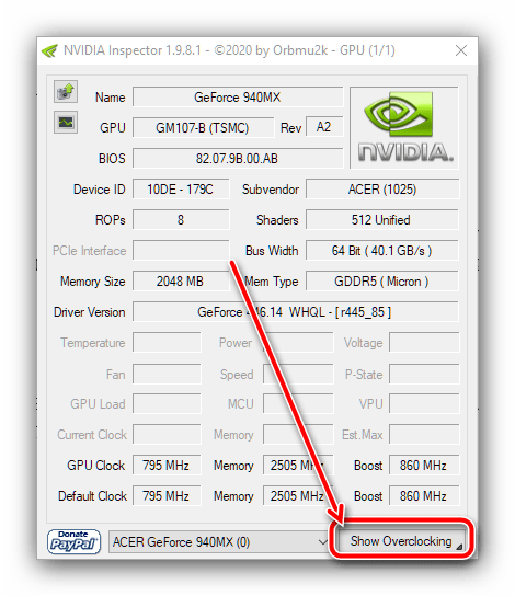 Открыть настройки оверклокинга в NVIDIA Inspector для устранения ошибки приложение заблокировало доступ к графическому оборудованию в windows 10