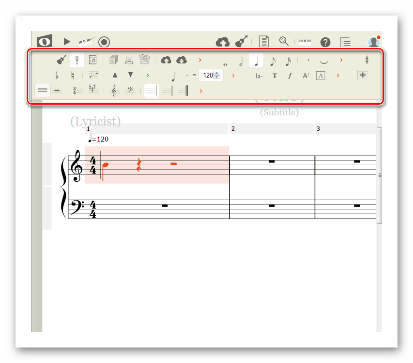 Панель инструментов для расстановки нотных знаков на сайте веб-сервиса NoteFlight