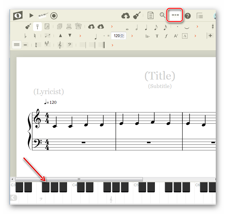 Активация клавиатуры виртуального пианино на сайте онлайн-сервиса NoteFlight