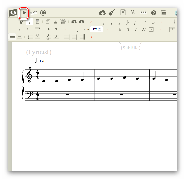 Запуск проигрывания записанных нотных знаков на сайте онлайн-сервиса NoteFlight