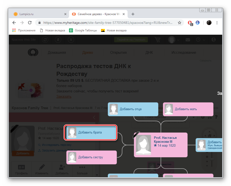 Добавить родственников на сайте MyHeritage