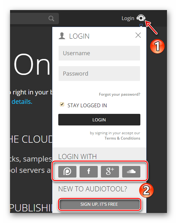Форма авторизации в онлайн-сервисе Audiotool