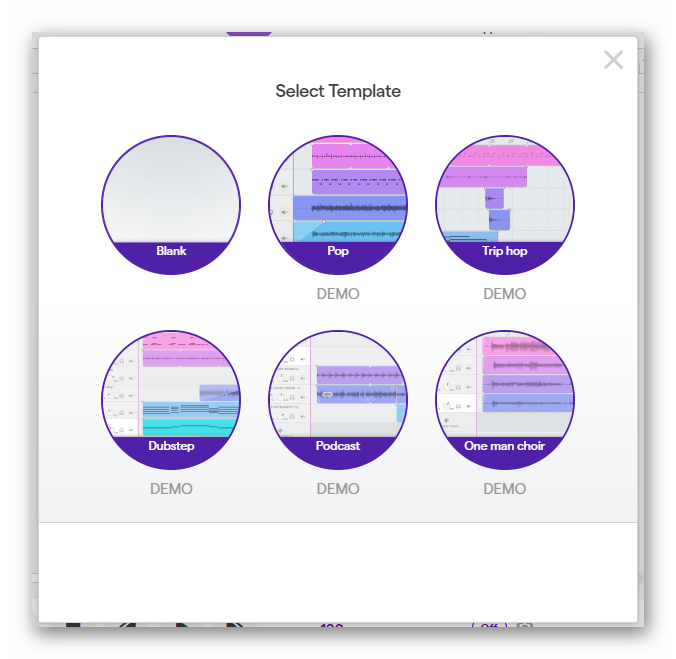 Окно выбора демо-шаблонов в онлайн-сервисе Soundtrap