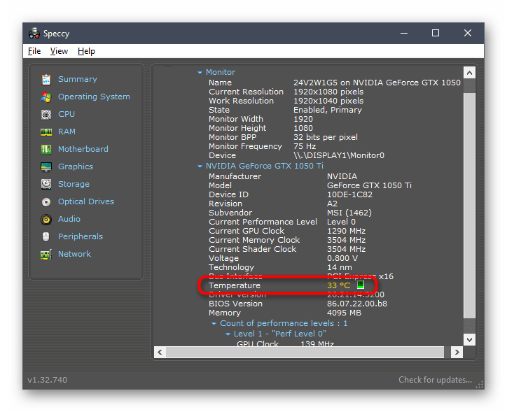 Просмотр температуры графического адаптера через программу Speccy в Windows 10