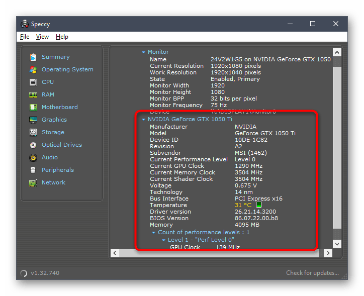 Просмотр параметров графического адаптера через программу Speccy в Windows 10