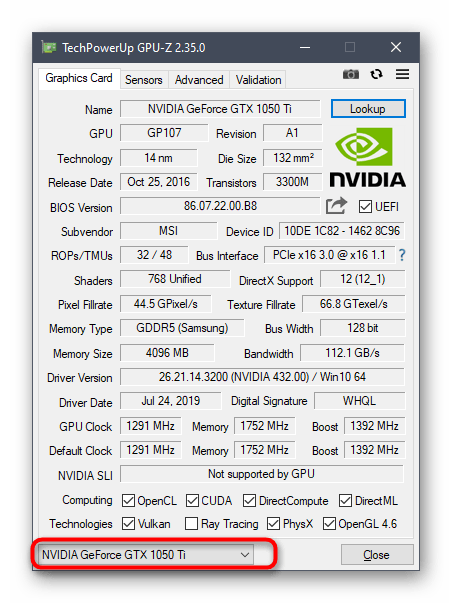 Просмотр параметров видеокарты через главное окно программы GPU-Z в Windows 10
