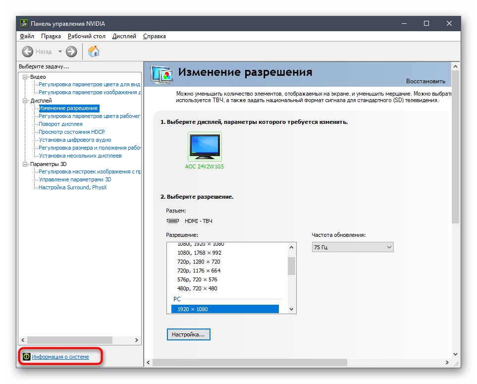 Переход к системной информации в панели управления видеокартой для просмотра ее параметров в Windows 10