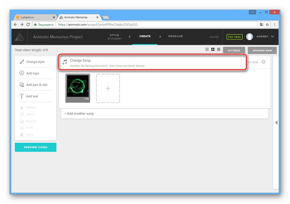 Переход к добавлению музыки на сайте Animoto