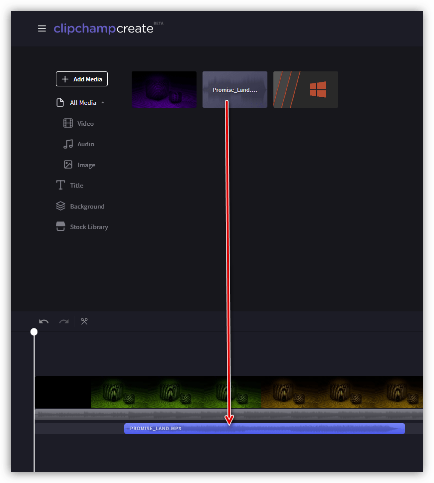 Помещение мультимедийного файла на шкалу времени на саервисе Clipchamp