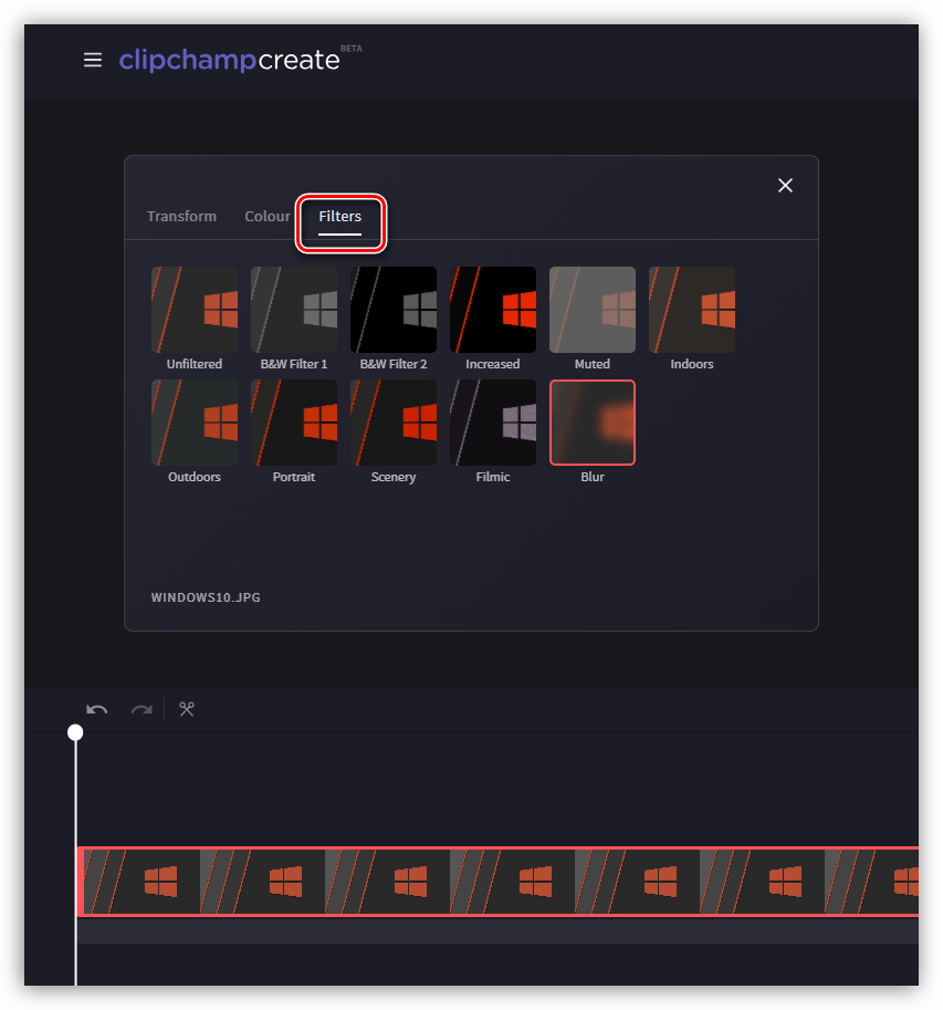 Применение фильтров к видеоролику на сервисе Clipchamp
