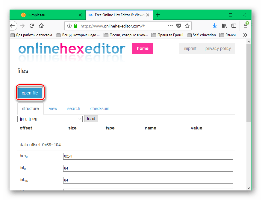 Кнопка Open File на сайте onlinehexeditor.com