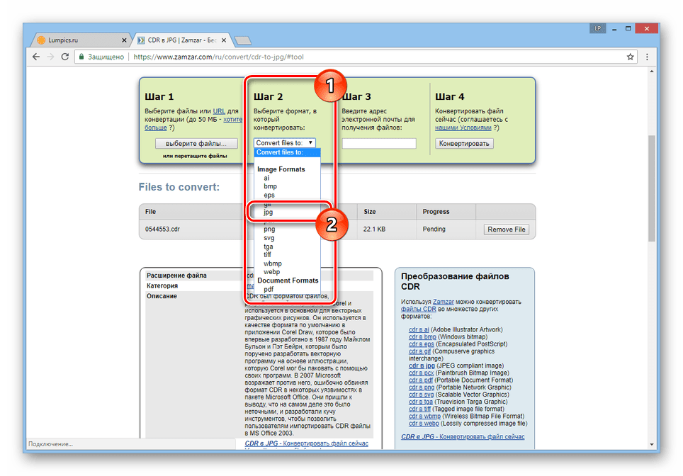 Процесс выбора JPG-формата на сайте Zamzar