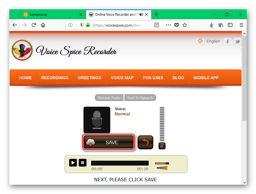 Кнопка сохранения аудифайла на сайте Voicespice.com