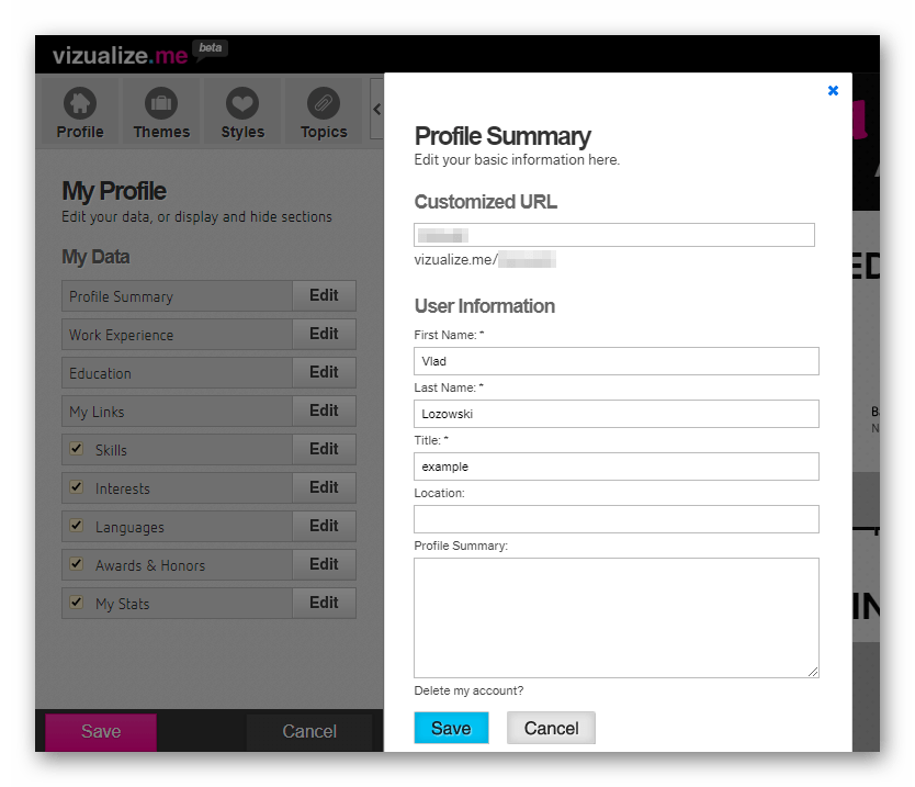 Редактирование резюме в онлайн-сервисе Vizualize