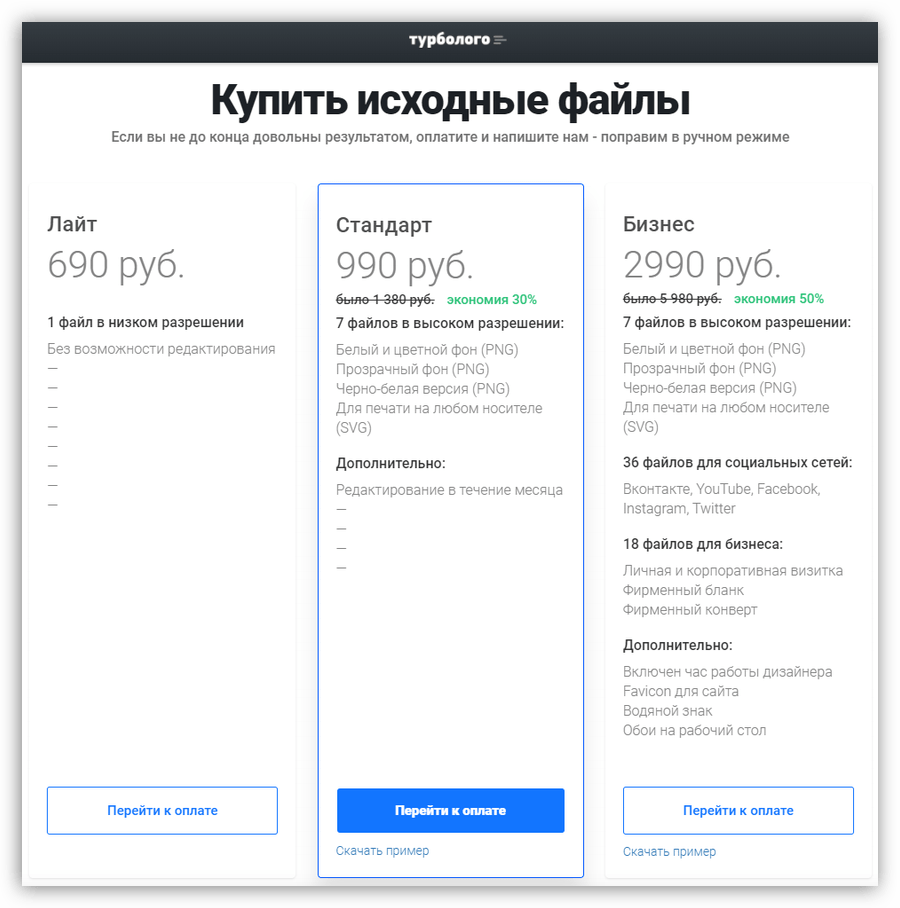 Переход к оплате готового логотипа на сервисе Turbologo