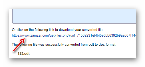 Ссылка на скачивание преобразованного файла с Zamazar