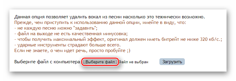 Кнопка для последующего выбора аудиозаписи для удаления вокала на сайте RuMinus