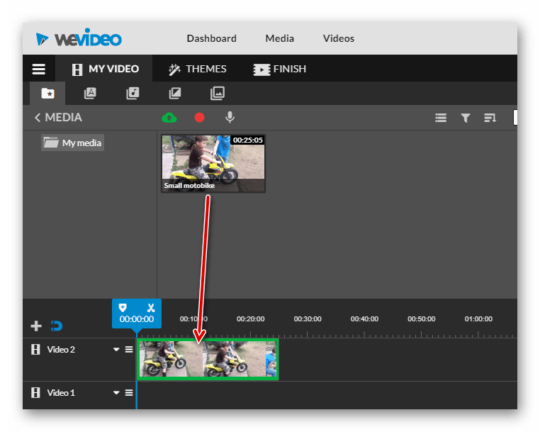 Перетаскиваем ролик на таймлайн в WeVideo