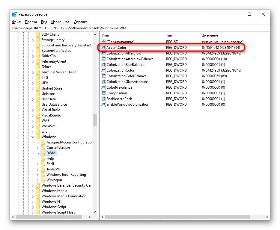 Выбор параметра для изменения цвета окна через Редактор реестра в Windows 10