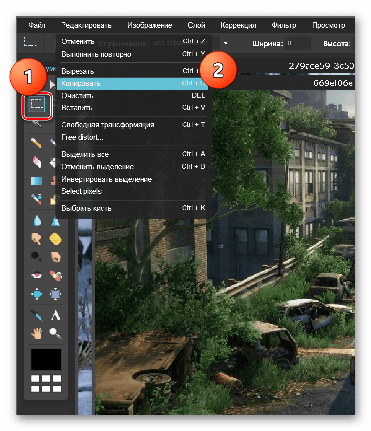 Выделение и копирование нужной области в онлайн фотошоп