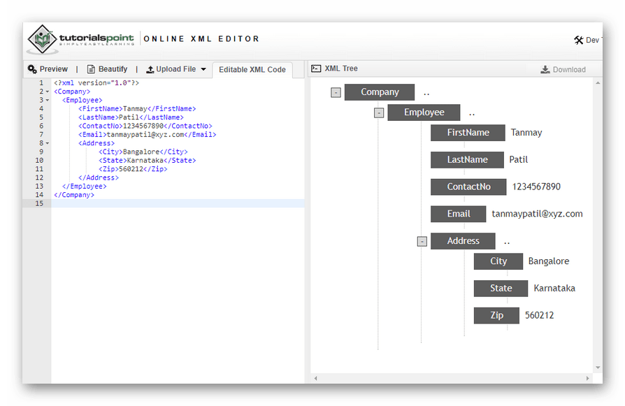 Так выглядит онлайн-редактор XML-файлов в сервисе TutorialsPoint