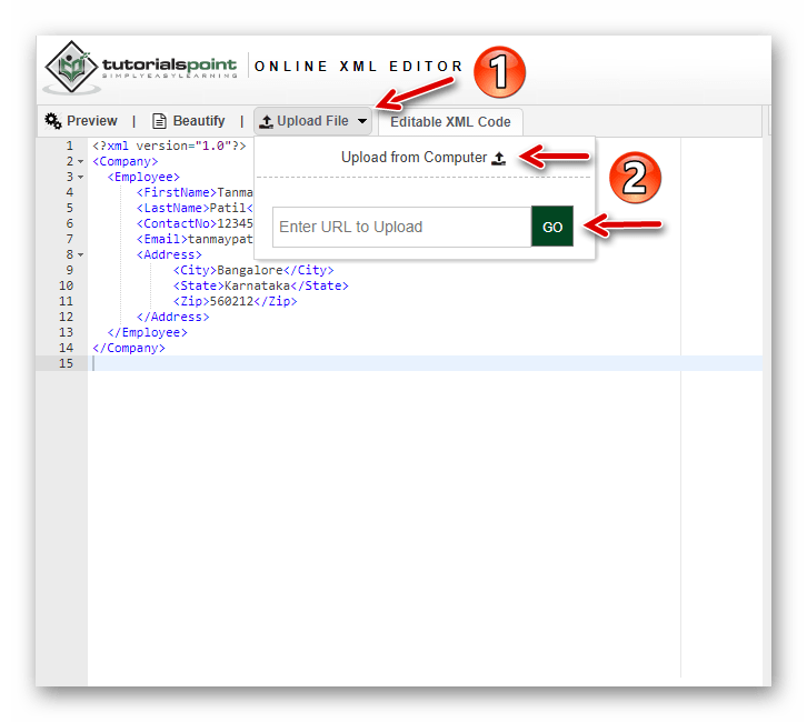 Загружаем XML-документ в онлайн-редактор TutorialsPoint