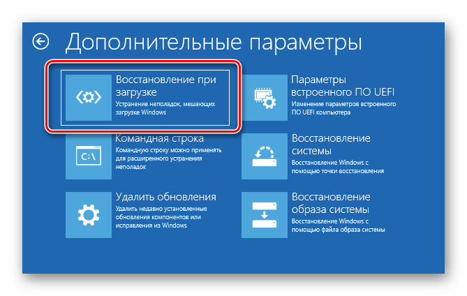 Выбор пункта Восстановление при загрузке в окне устранения неисправностей Windows 10