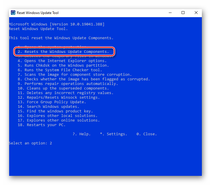 Выбор пункта Resets the Windows Update Components в утилите Reset Windows Update Tool